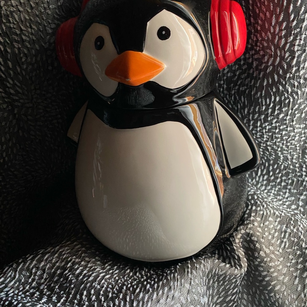 Penguin Cookie Jar with Red Headphones/Earmuffs - Picture 1 of 5